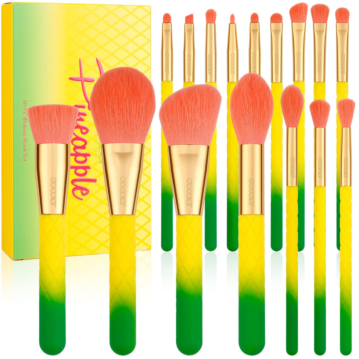 Docolor 16 Pcs Pineapple Makeup Brush Set - Premium Synthetic Kabuki Face & Eye Brushes