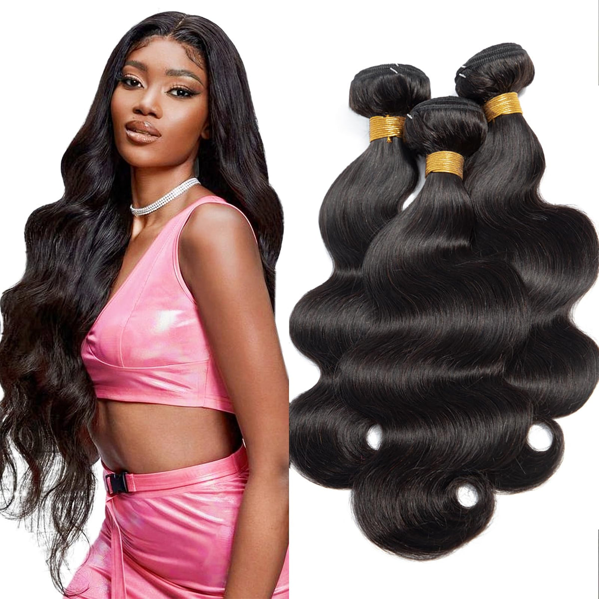 FASHION VILA Body Wave Bundles 3pcs Human Hair Extensions 22 24 26 Inch Natural Black