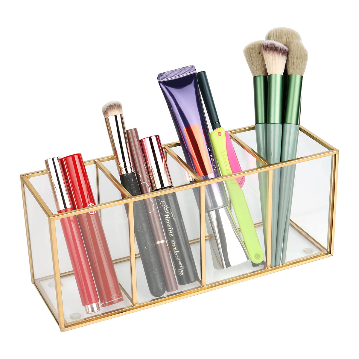 Elegantlife Gold Glass Makeup Brush Organizer - Luxurious 4-Section Cosmetics Holder