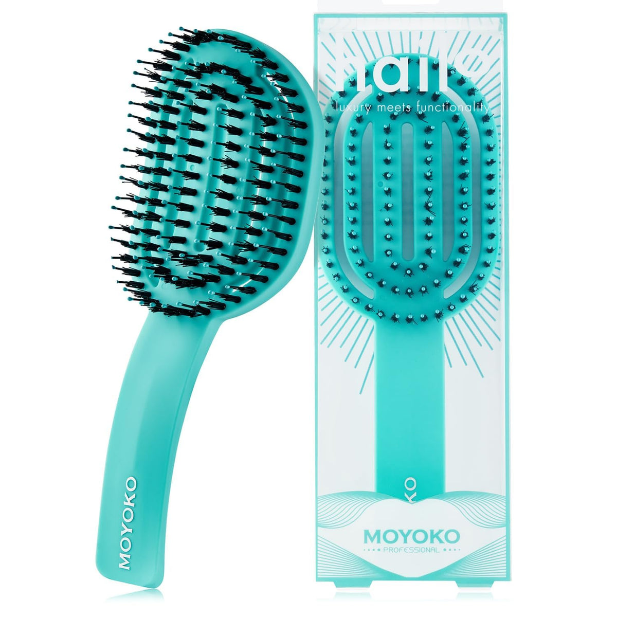 Moyoko Ergonomic Detangler Brush For Curly & Straight Hair - Turquoise, Prevents Breakage