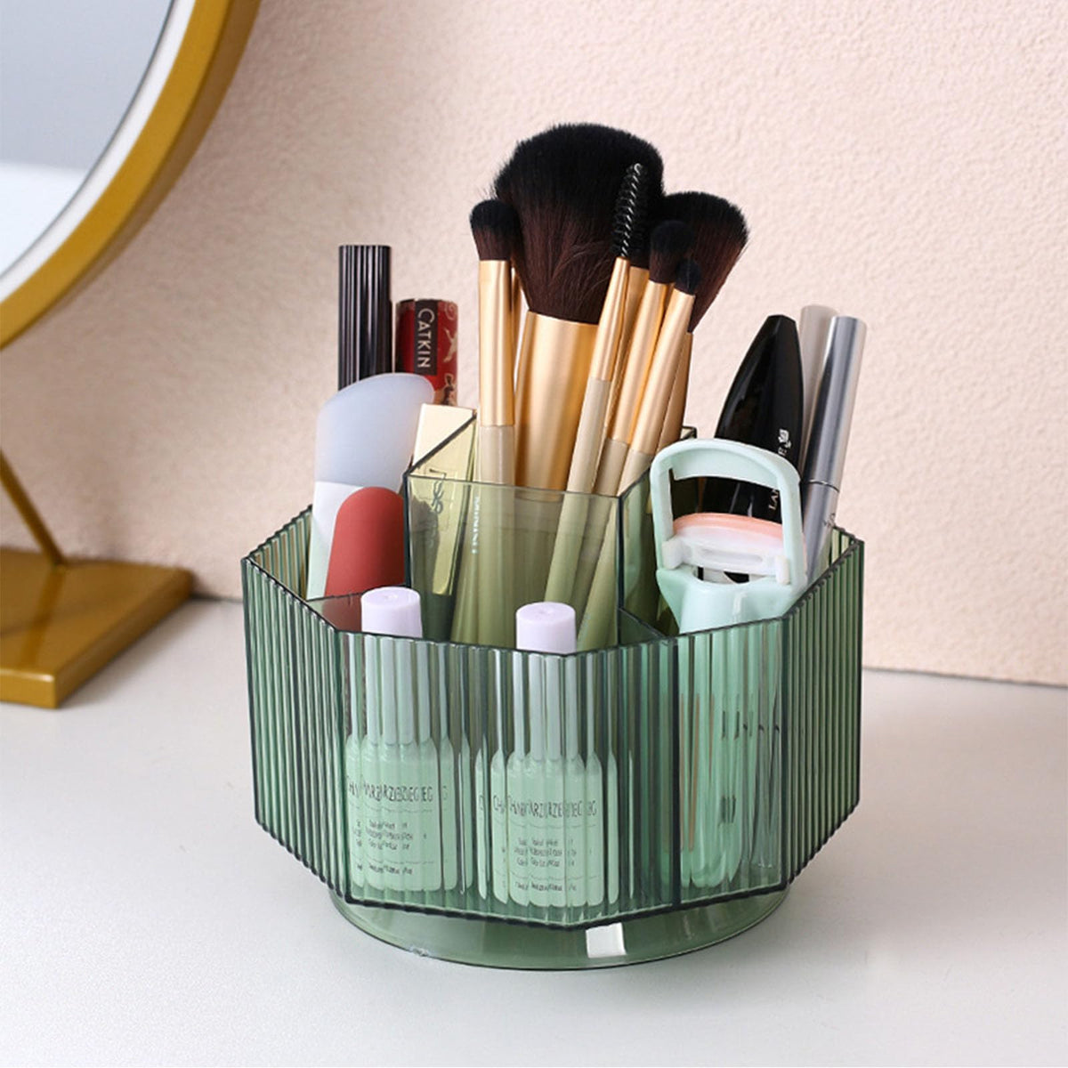 Linfidite 360° Rotating Makeup Organizer - Clear Acrylic Cosmetic Storage Case With 5 Slots, Green