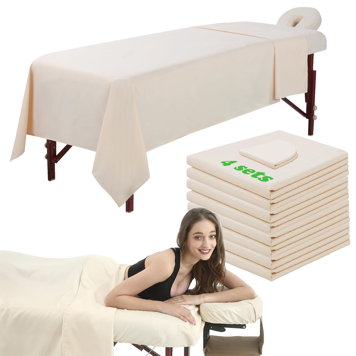 Omutavm 3 Piece Microfiber Massage Table Sheets Set - Waterproof, Oil Proof, Beige