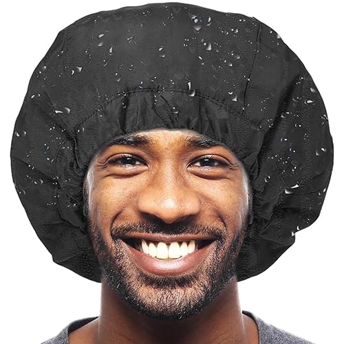 Aileam Black Shower Cap for Men - Reversible Waterproof Adjustable Hair Hat, Large Size