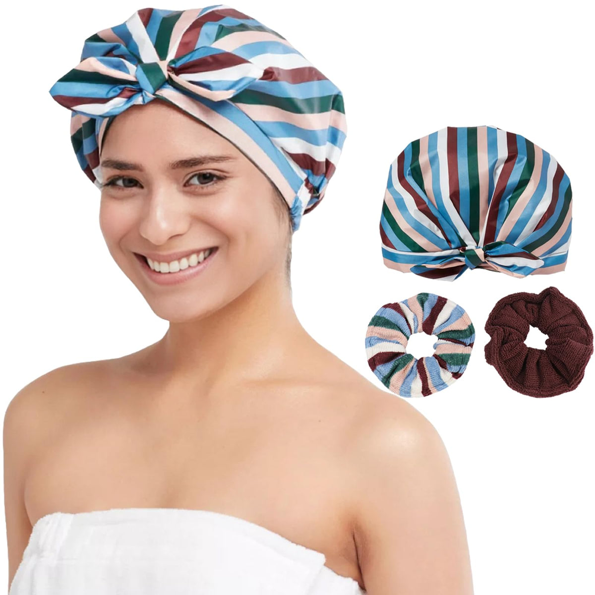 Vi-Fa Waterproof Reusable Shower Cap For Women, Stripe Hair Drying Scrunchies, One Size