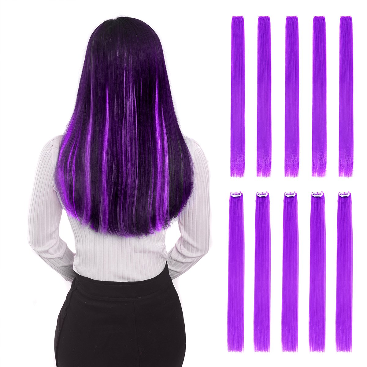 BHF 22&quot; Purple Clip-in Hair Extensions - 10pcs Straight Fashion Hairpieces for Party Highlights