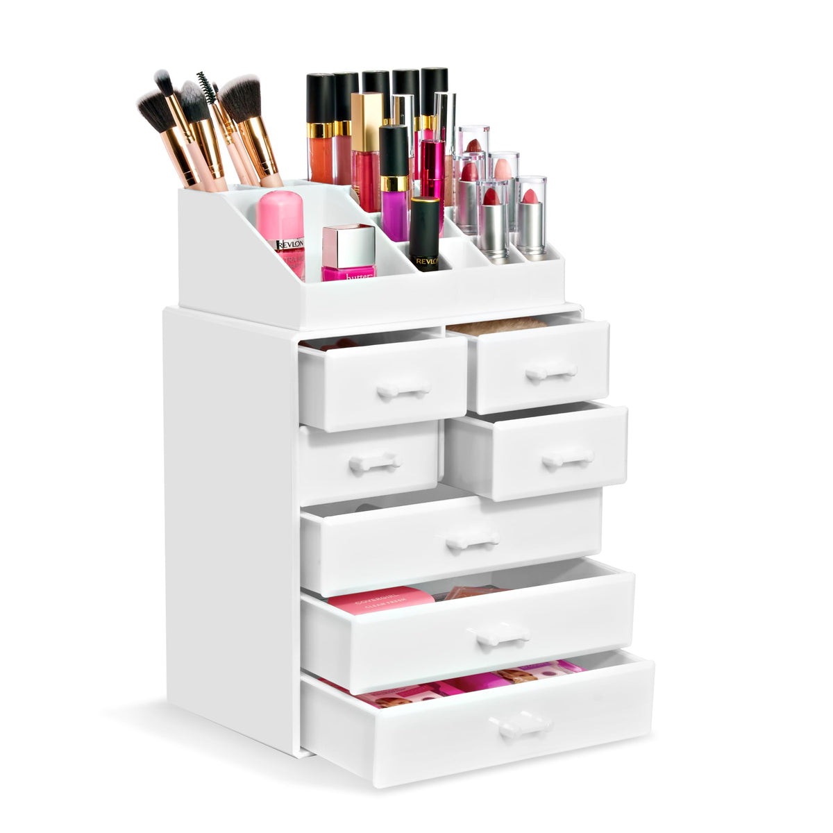 Sorbus Extra Large Acrylic Makeup Organizer With 3 Large Drawers & Brush Holder - White