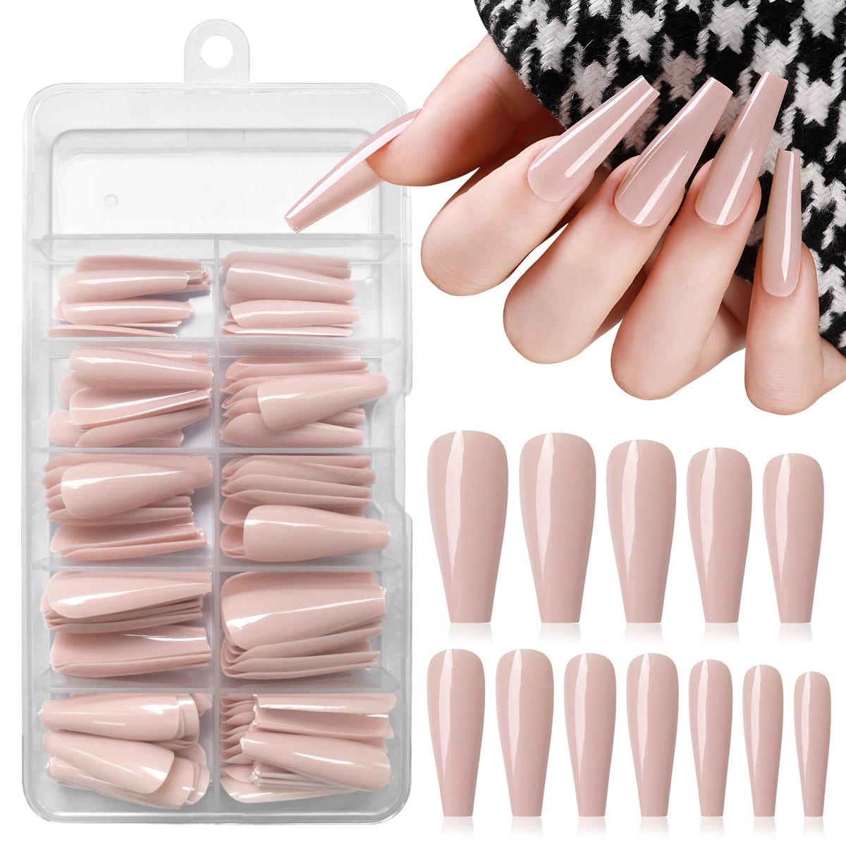 Lifextol 120pc Medium Length Coffin Press on Nails, Nude Tan Acrylic French Tips