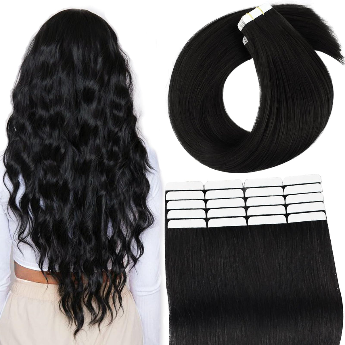 Lovrio 22&quot; Tape In Hair Extensions - 20Pcs Jet Black Human Hair, Silky Straight