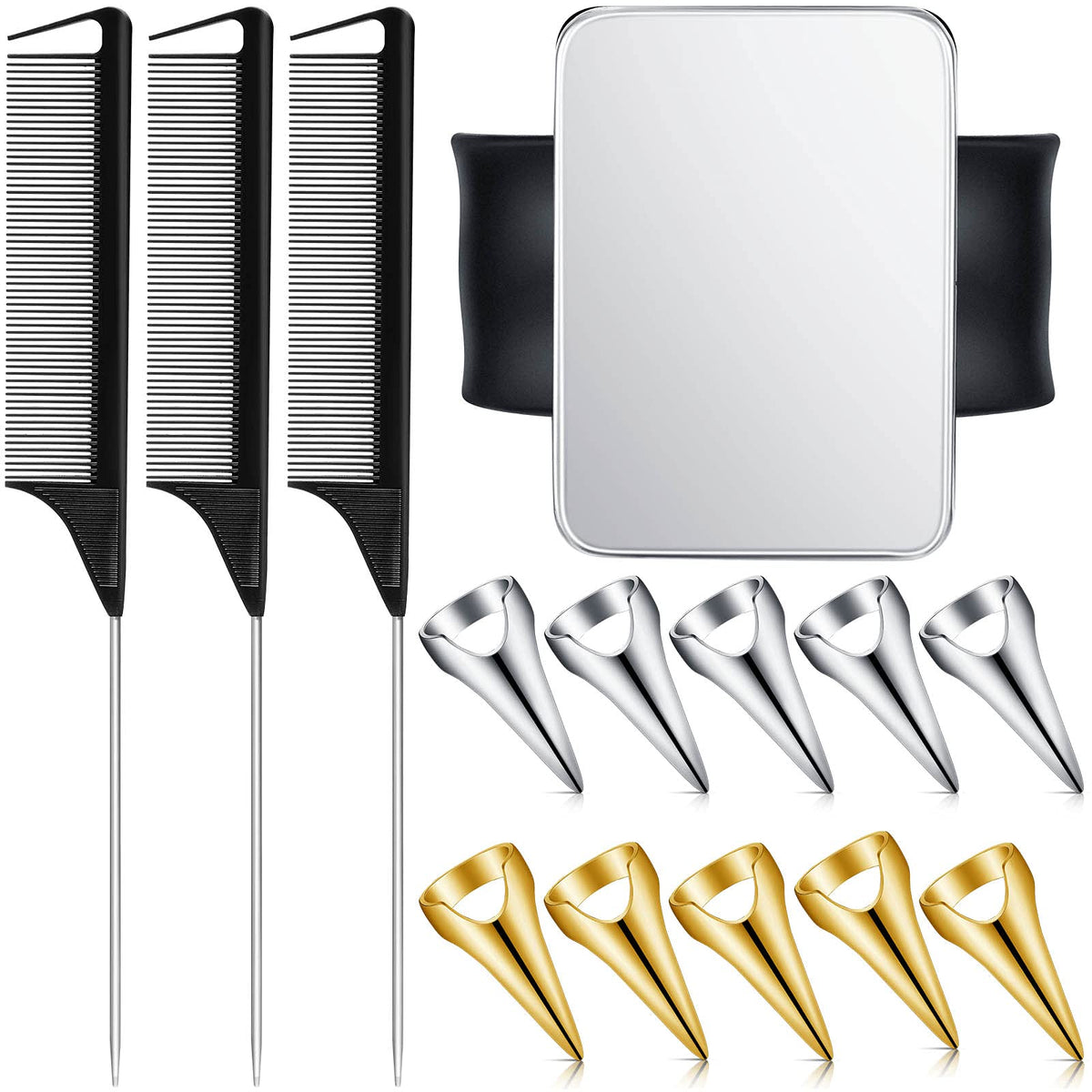 Patelai Hair Parting & Braiding Tools Set - 10 Metal Rings, 3 Rat Tail Combs, Magnetic Wristband