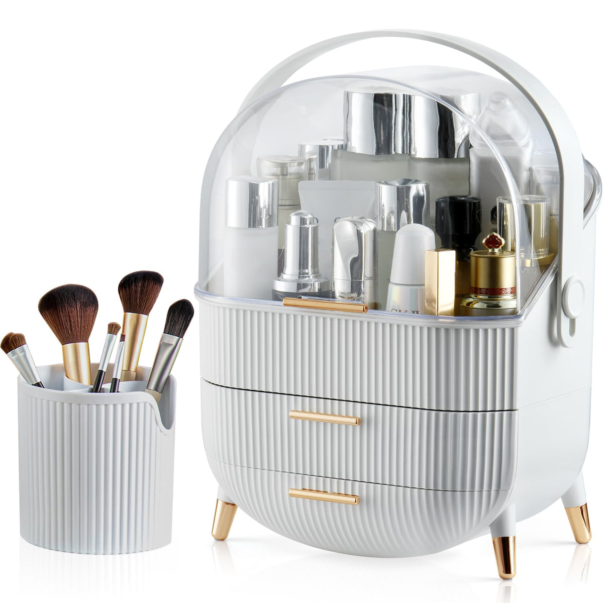 Canitoron White Makeup Organizer With 2 Drawers & Brush Holder For Vanity & Bathroom Storage