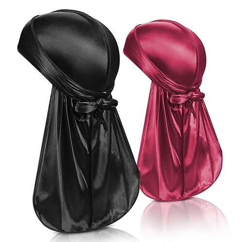 Selalu 2PCS Satin Durags for Men & Women - Extra Long Tails, Black & Red