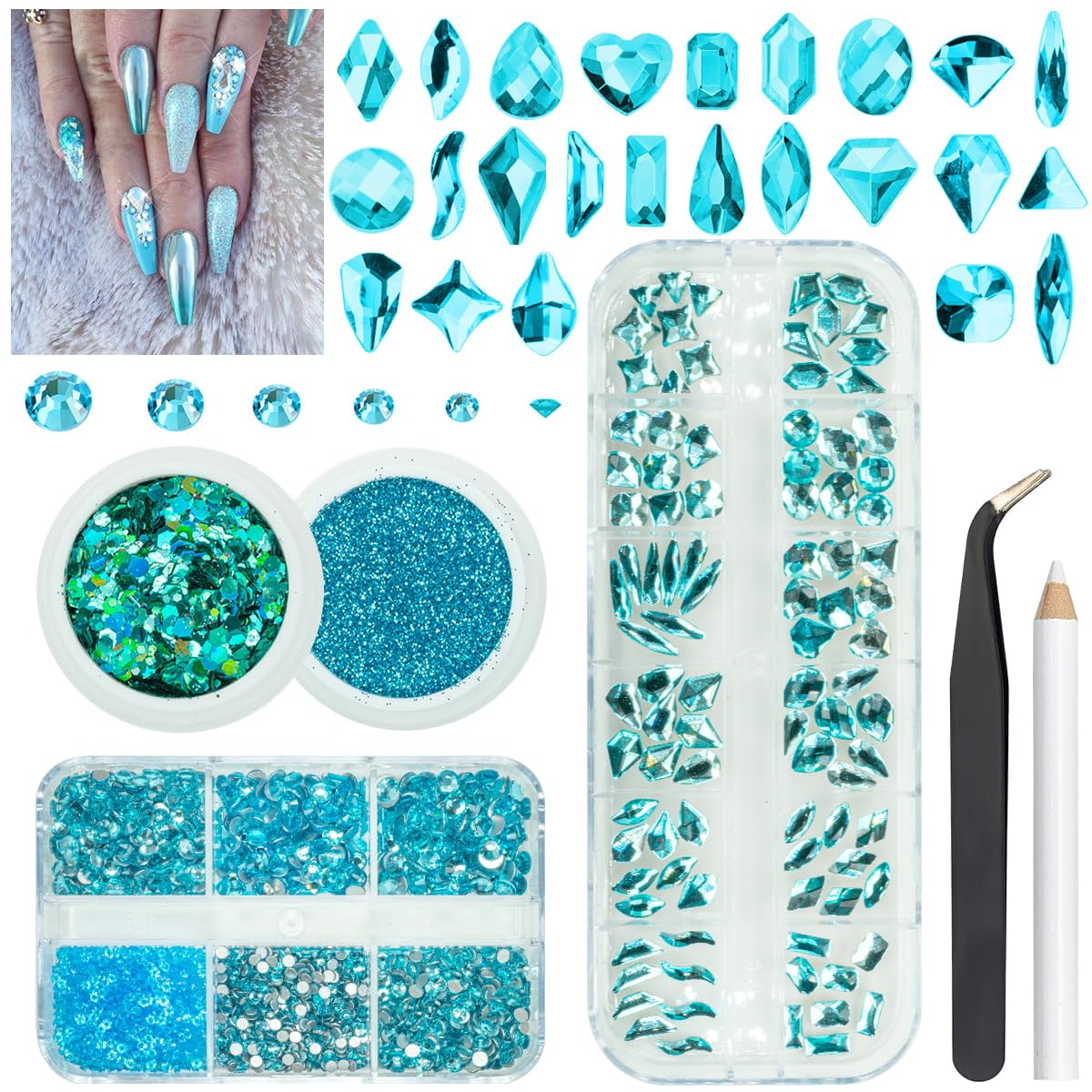 Qiipii Aquamarine Nail Rhinestones Kit - 4 Boxes, 24 Shapes, K9 Glass, Water Blue Gemstones