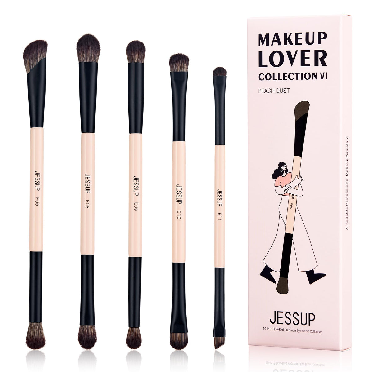 Jessup 5Pcs Double Ended Eyeshadow Brush Set - Vegan Synthetic Fiber, Peach Dust