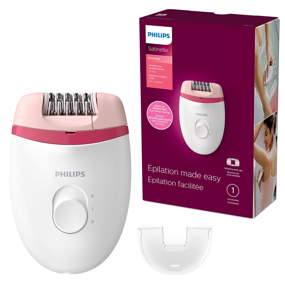 Philips Beauty Satinelle Essential Epilator For Women, Corded Hair Removal, White/Pink