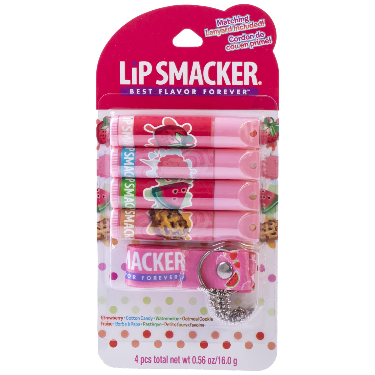 Lip Smacker Lip Balm Set With Lanyard - Strawberry, Cotton Candy, Watermelon, Oatmeal Cookie, 4 Pack