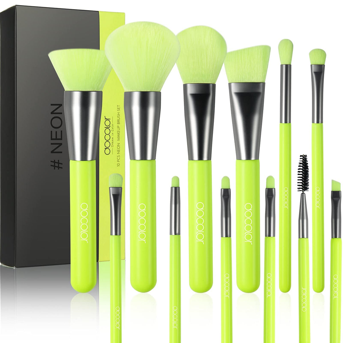 Docolor 10Pcs Neon Green Makeup Brush Set - Premium Synthetic Kabuki Foundation & Blending Brushes