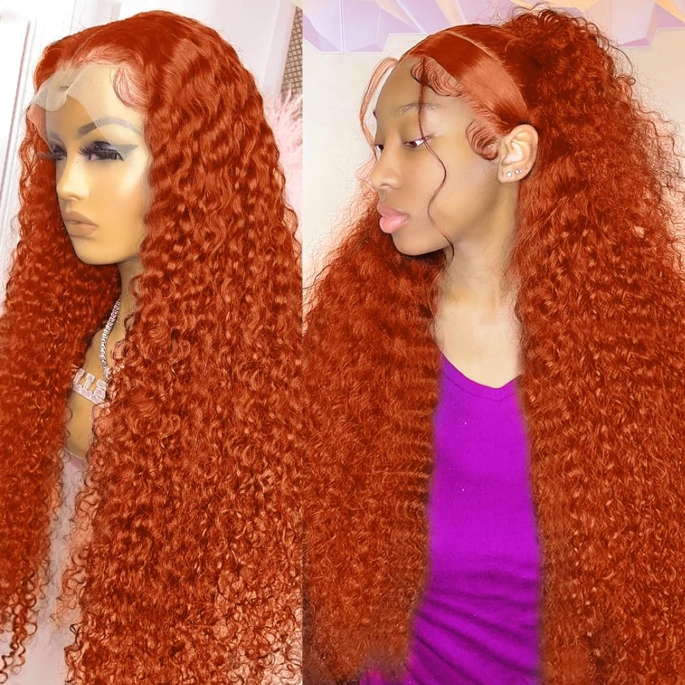 Alsziqihr 34&quot; Ginger Orange Water Wave Lace Front Wig - 180% Density Human Hair For Black Women