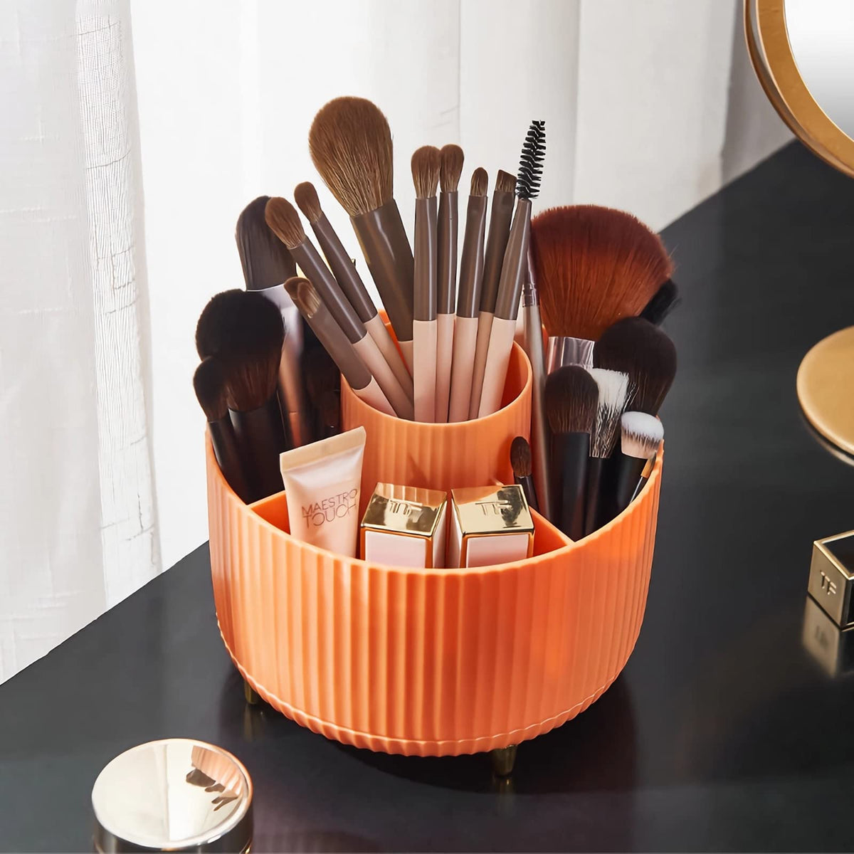 Diesisa 360 Rotating Makeup Brush Organizer - 5 Sections, Swivel Holder For Cosmetics, Orange