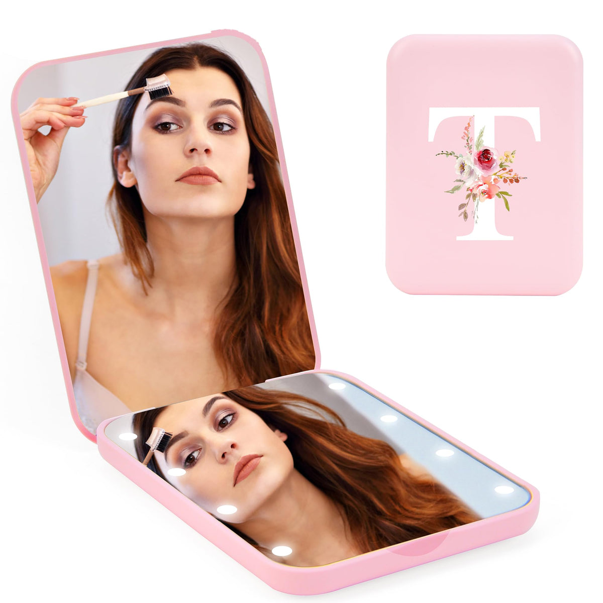 Bugarore Personalized Compact Mirror With Light, 1X/3X Magnification, Pink Makeup Mirror