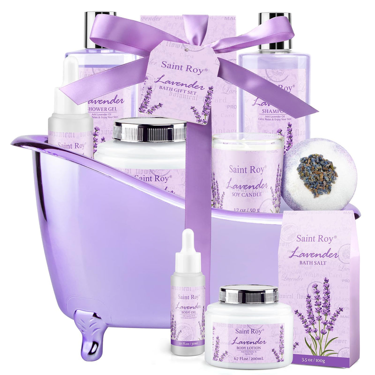 Saint Roy Spa Gift Basket For Her – 8 Piece Lavender Bath Set, Perfect For Valentine'S Day & Gifts