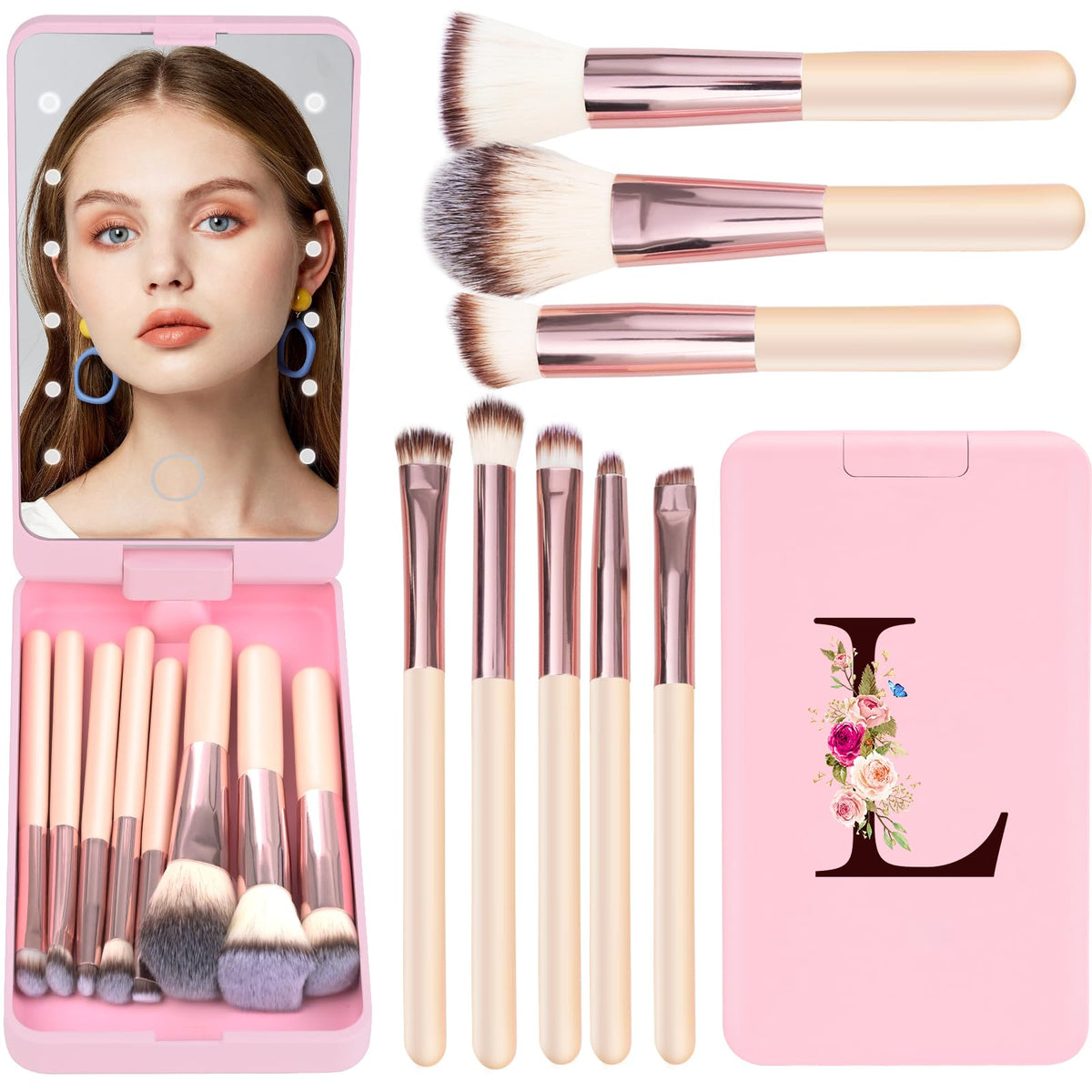 Kewwadb Mini 8-Piece Travel Makeup Brush Set With Led Mirror - Pink, Monogrammed Gifts For Teens