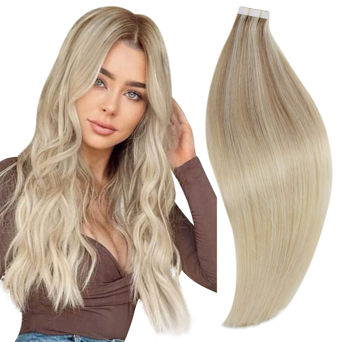 Runature 20&quot; Ombre Ash Blonde Tape In Hair Extensions - Real Human Hair, 50G, 20Pcs Balayage