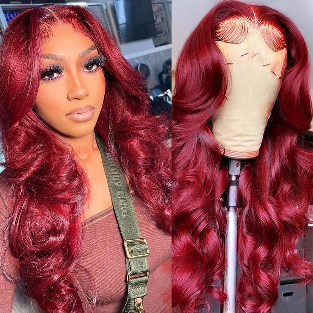 Mupretty 30&quot; 99J Burgundy Lace Front Wig Human Hair Body Wave 180% Density T Part Natural Hairline