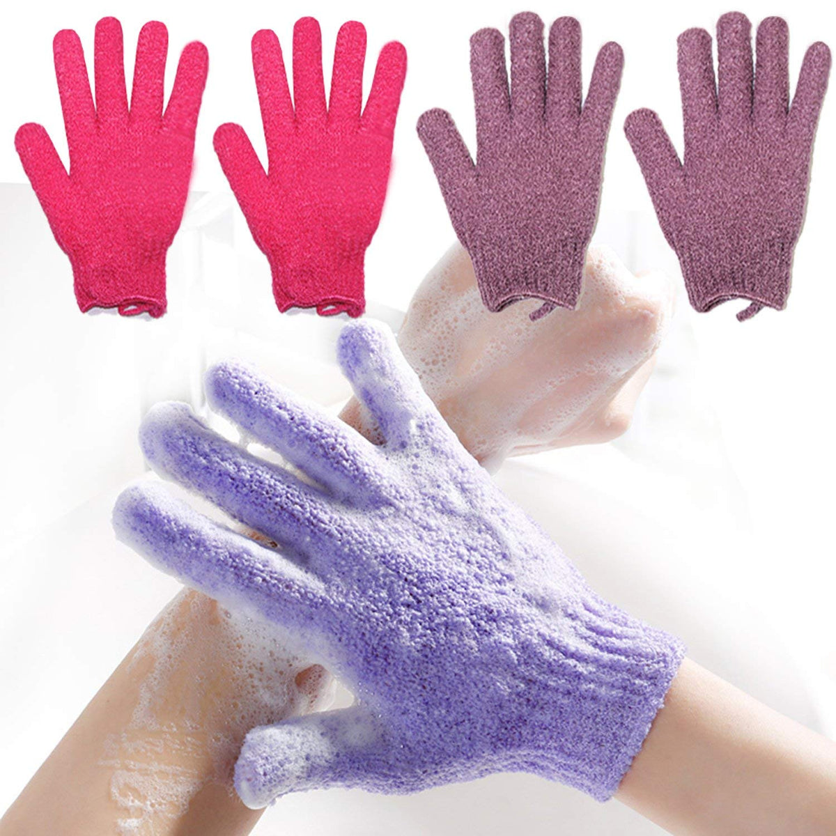 Yeyimei Exfoliating Bath Loofah Gloves - Deep Cleansing Body Scrub Mitts (Purple & Red) 2 Pair