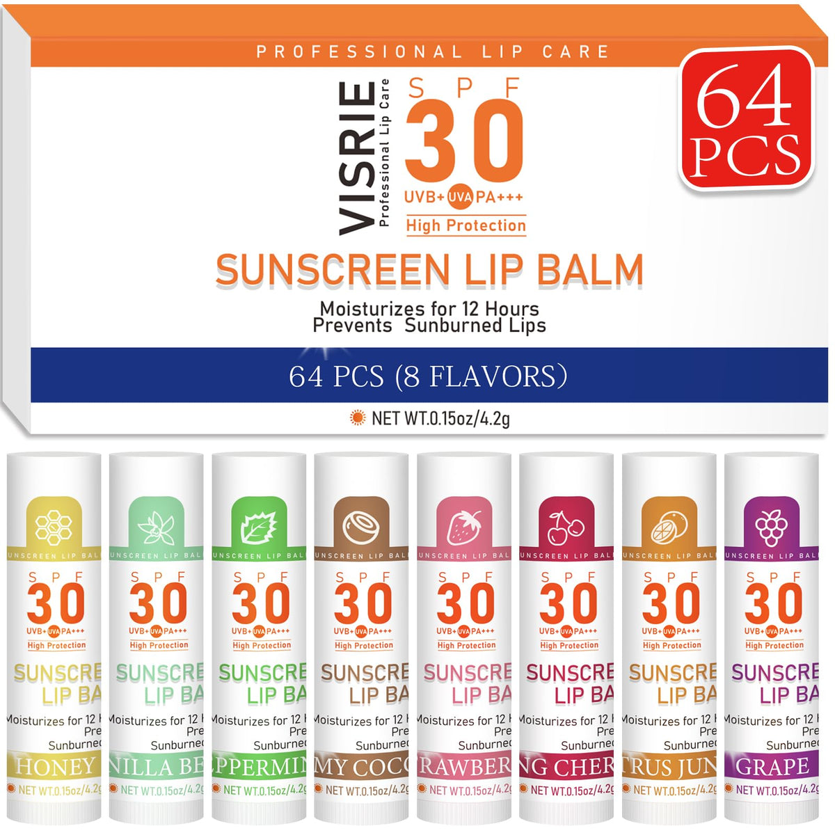 Visrie Spf 30 Lip Balm Bulk - 64 Pack, Hydrating With Vitamin E & Coconut Oil, 8 Flavors