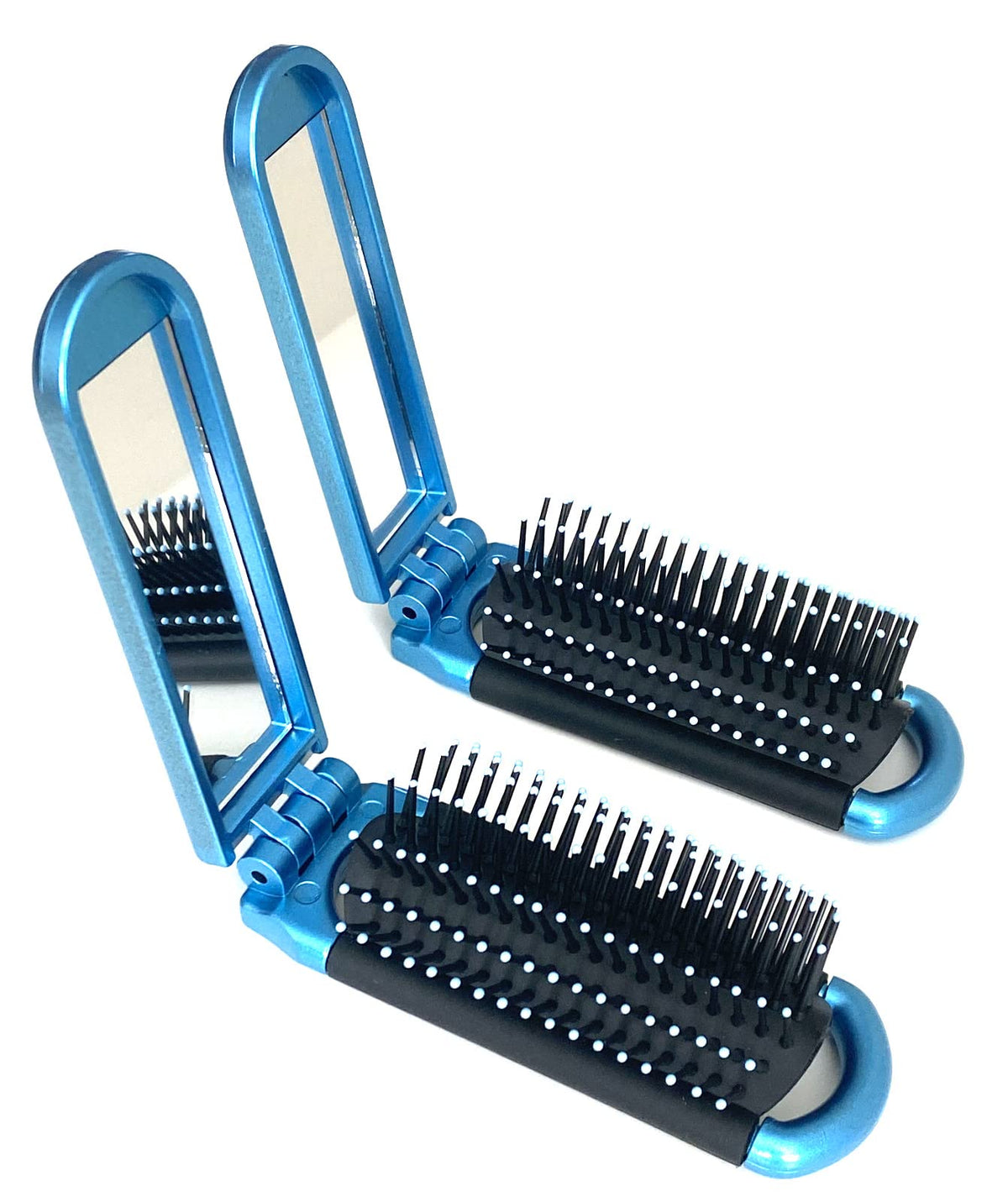 Alazco Compact Folding Hair Brush With Mirror - Travel Size, 2 Blue, Perfect For Gym & Camping