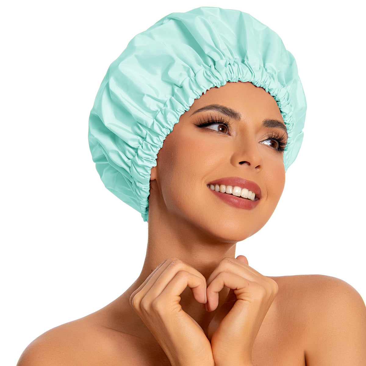 Edoneery Large Waterproof Reusable Shower Cap For Women - Mint Green Elastic Bath Hair Hat