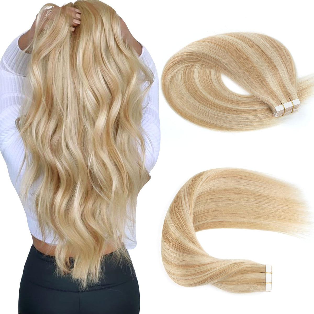 Sassina 18&quot; Tape In Extensions, Human Hair, Highlighted Dirty Brown To Platinum Ash Blonde, 20Pcs