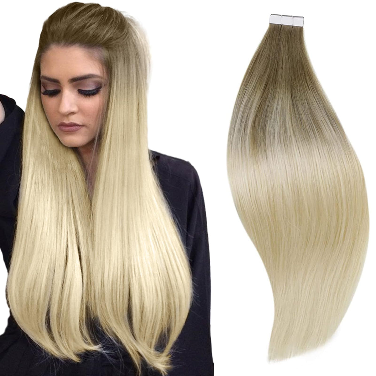 Runature 16&quot; Ombre Blonde Tape In Human Hair Extensions - Ash Brown To Platinum, 50G, 20Pcs