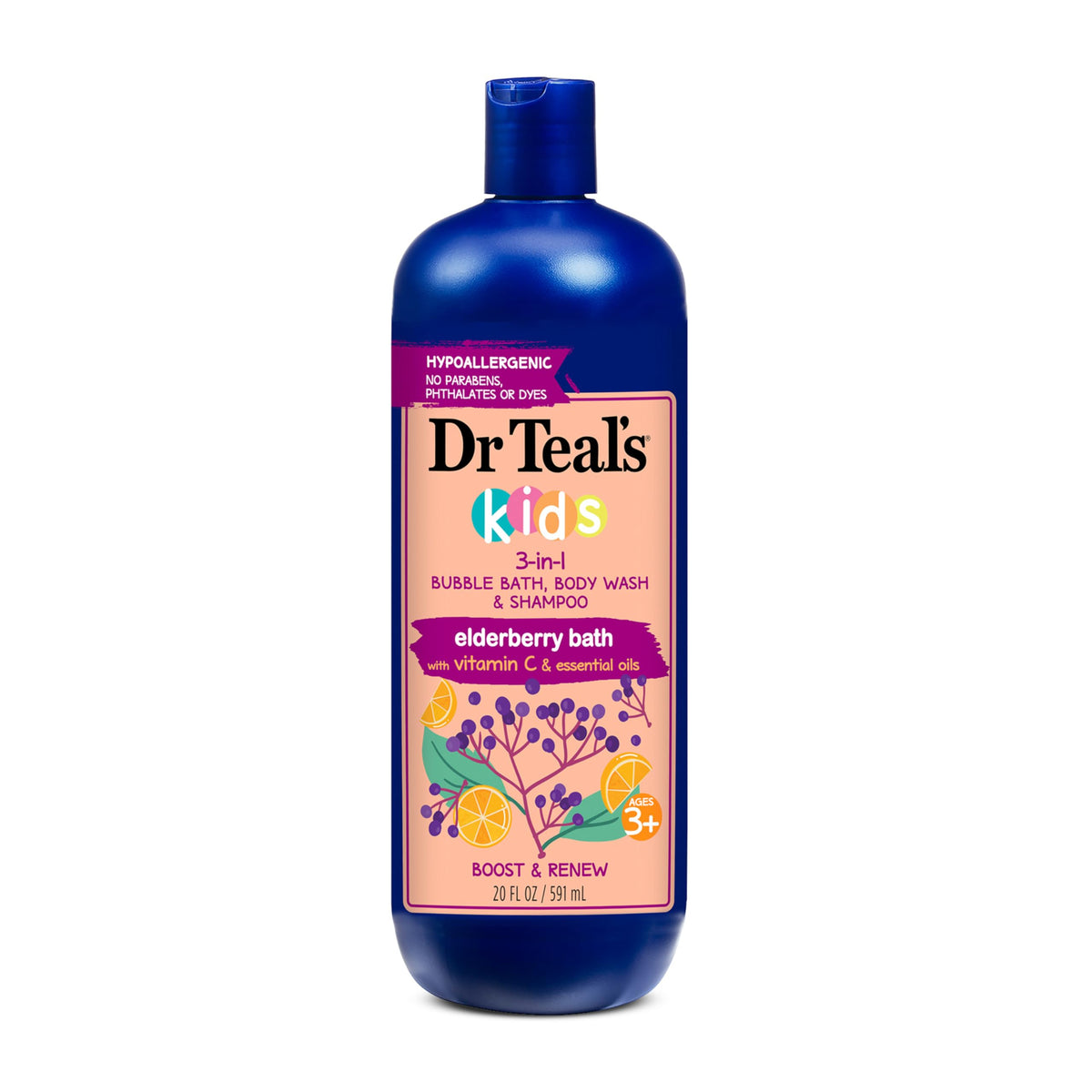 Dr Teal'S Kids 3-In-1 Elderberry Bath: Bubble Bath, Body Wash & Shampoo, 20 Fl Oz