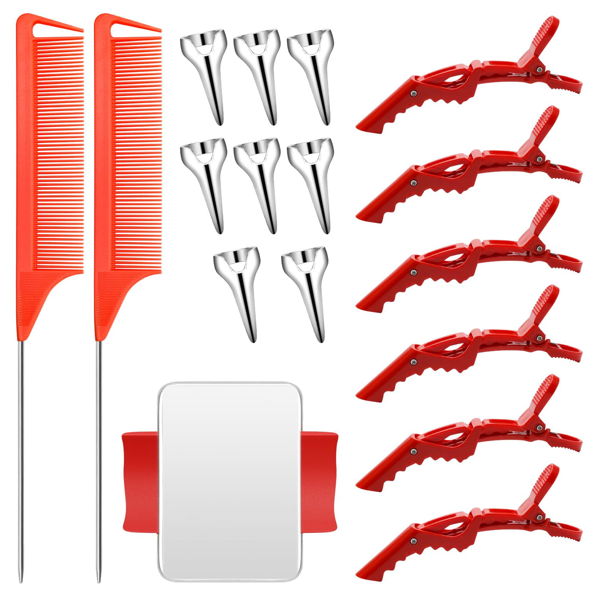 Coldairsoap 17-Piece Hair Parting Tools Set - Clips, Combs, Rings & Magnetic Wrist Holder, Red