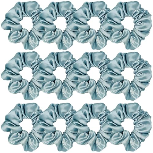 Sufermoe 12 Pcs Satin Silk Scrunchies - Soft Hair Ties & Ponytail Holders for Women, Blue Gray