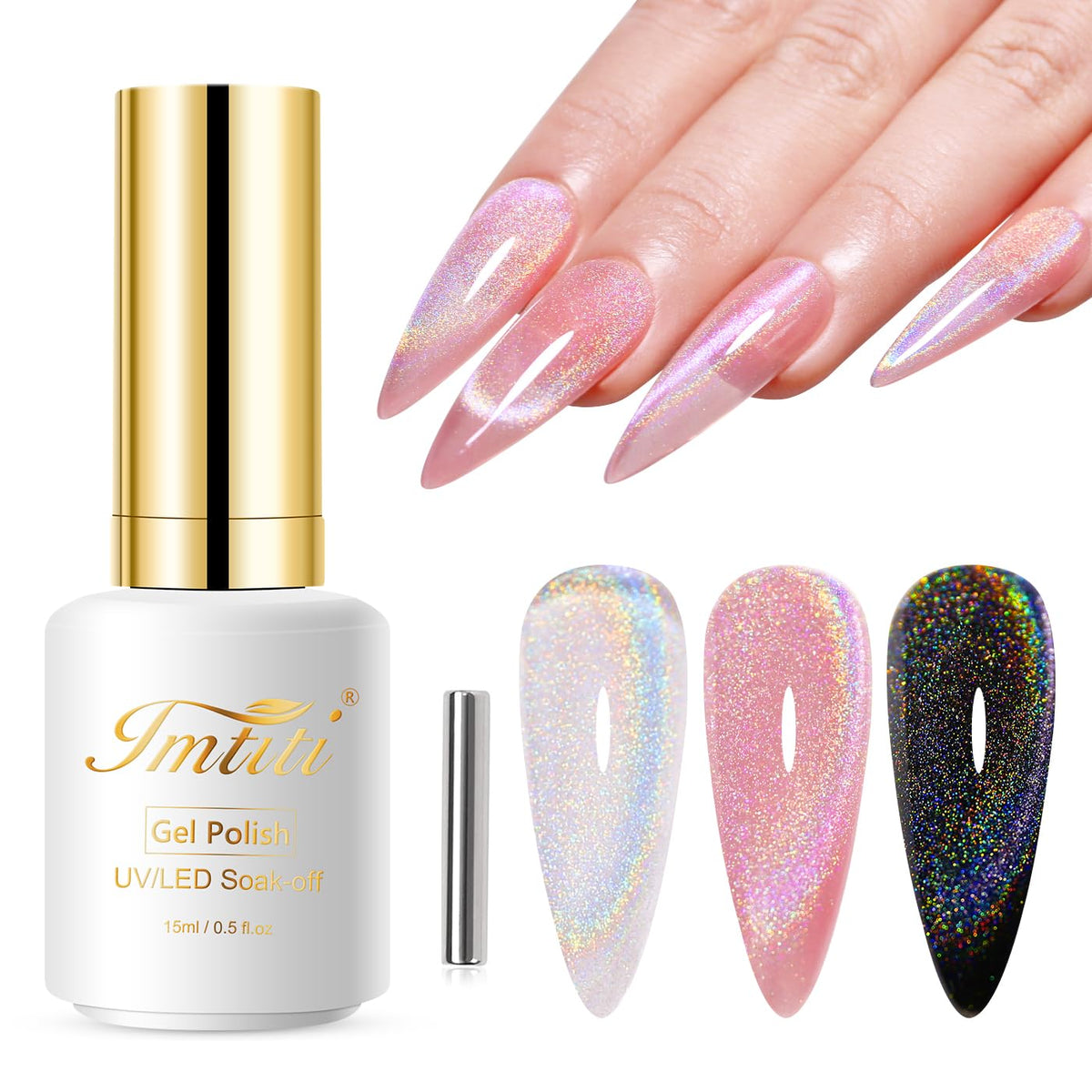 Imtiti Rainbow Cat Eye Gel Nail Polish 15Ml - Holographic Glitter Magnetic Uv Gel For Diy Manicure