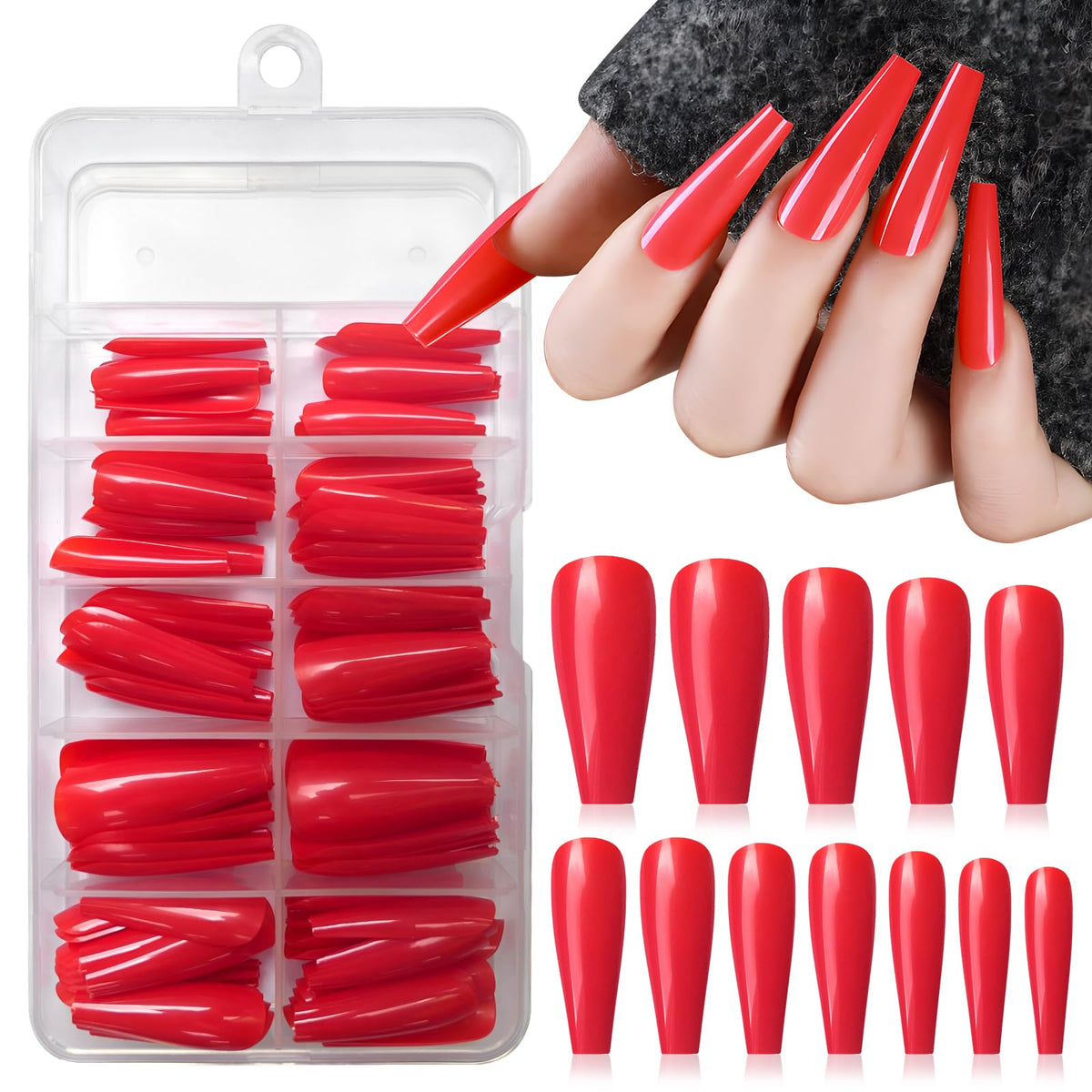 Lifextol Bright Red 120pc Medium Coffin Press on Nails - Long Ballerina Acrylic Tips for Women