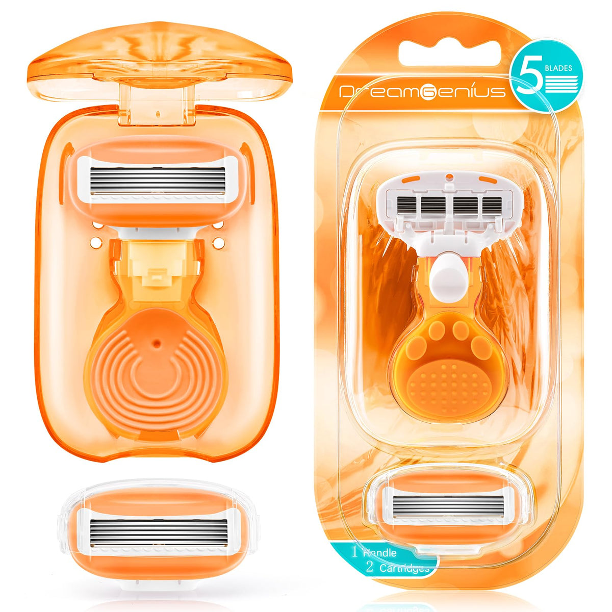 Dreamgenius Women'S Travel Razor Set - 5-Blade Handle & 2 Cartridges With Case, Orange