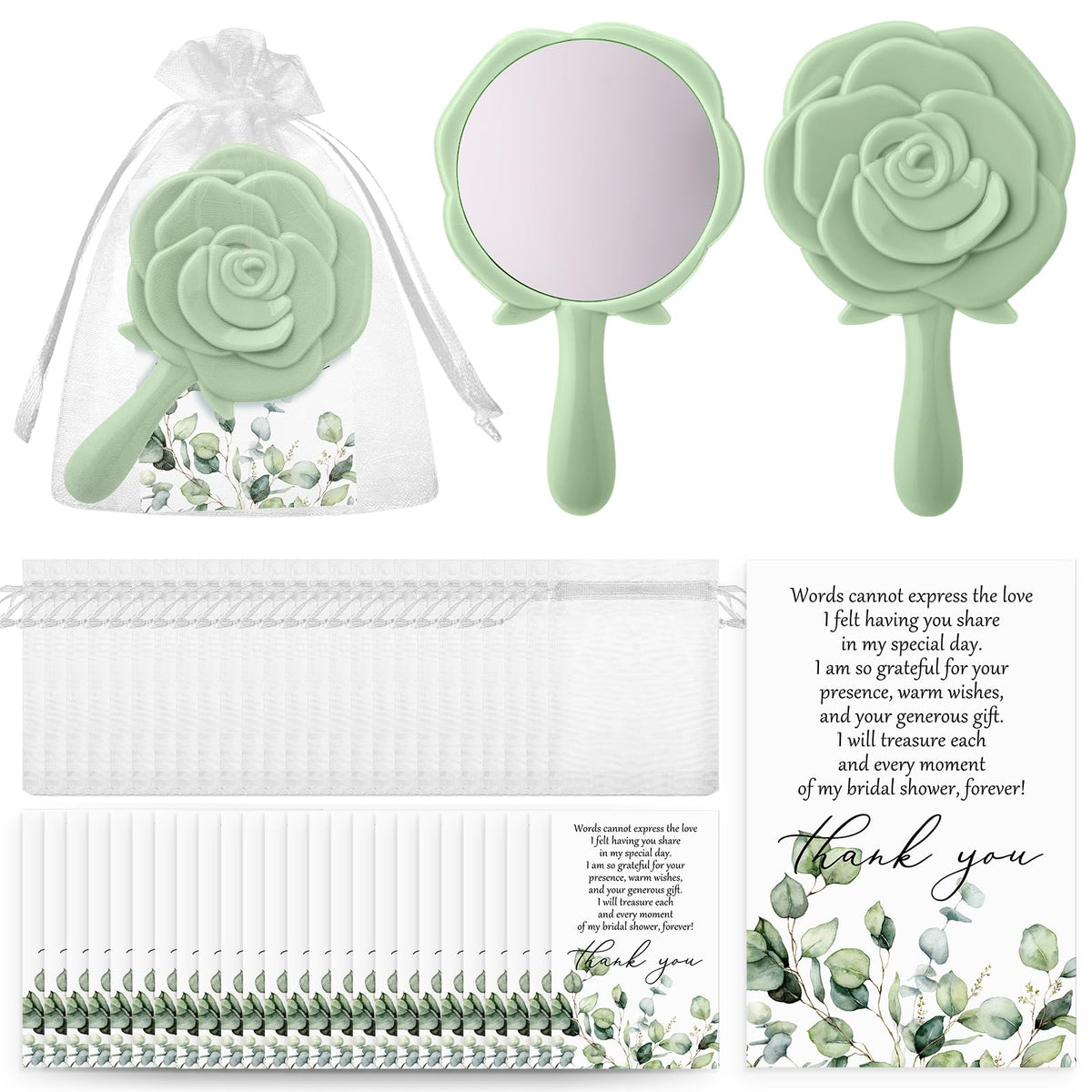 Wenqik Green Bridal Shower Favor Rose Compact Mirrors With Thank You Cards & Organza Bags