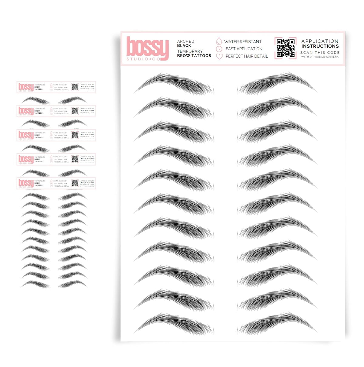 Brows By Bossy 5 Pack Waterproof Temporary Eyebrow Tattoos - Arched Black Stickers For Men & Women