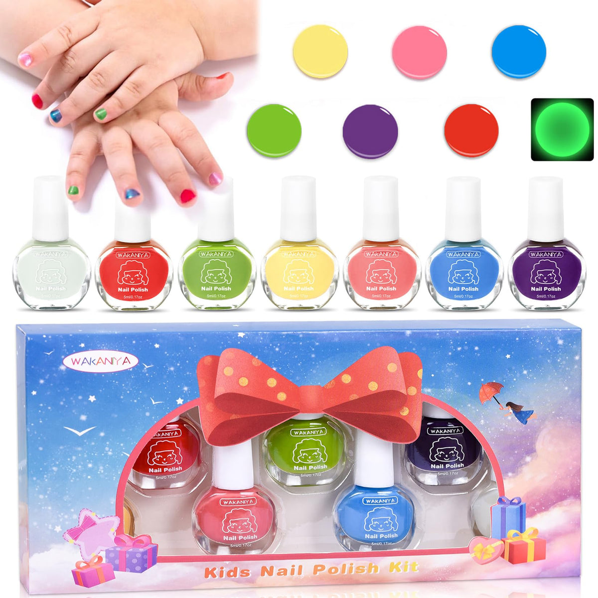 Wakaniya Kids Nail Polish Set, 6 Colors & Glow In The Dark, Non-Toxic Peel-Off, 0.2 Fl Oz