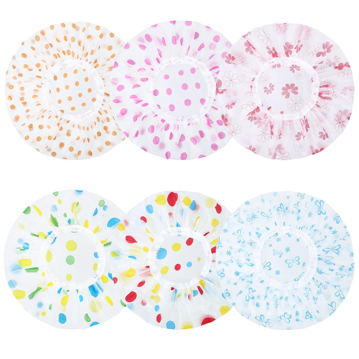 Pengxiaomei 6 Pcs Waterproof Shower Caps For Women, Men & Kids - Reusable Multi-Colored Hair Covers