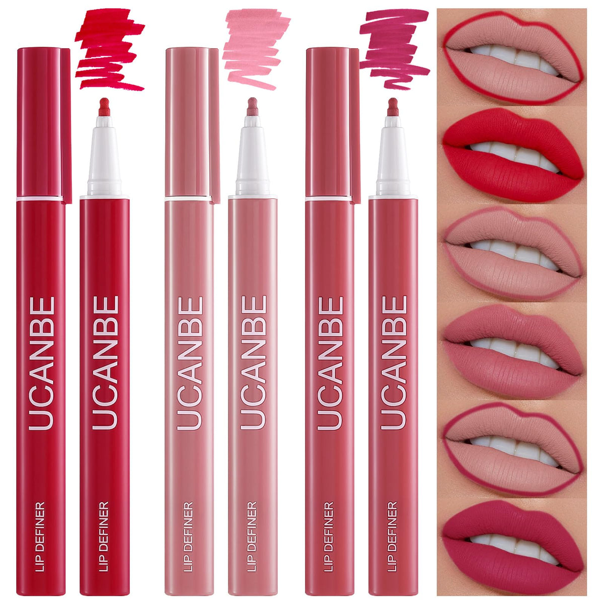 Ucanbe Liquid Lip Stain Tint, Nude Matte Red Lip Liner, Waterproof Longlasting Lipstick 3 Pcs