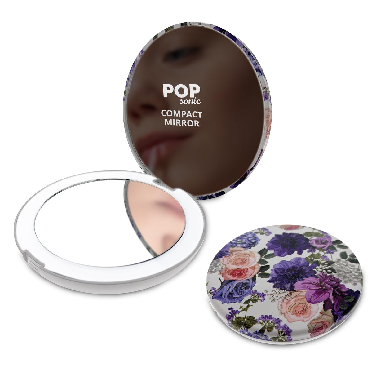 Pop Sonic Circle Led Compact Mirror - Adjustable Brightness, 1X/5X Magnifiers, Floral Design