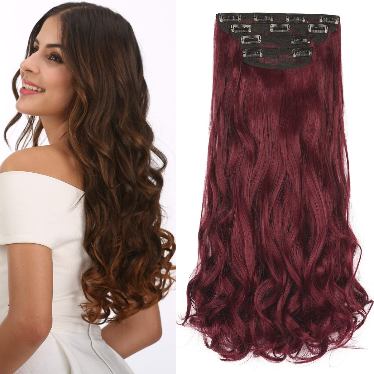 REECHO 24&quot; Burgundy Curly Wavy Clip-In Hair Extensions - 4 Pieces, 280g Synthetic Set