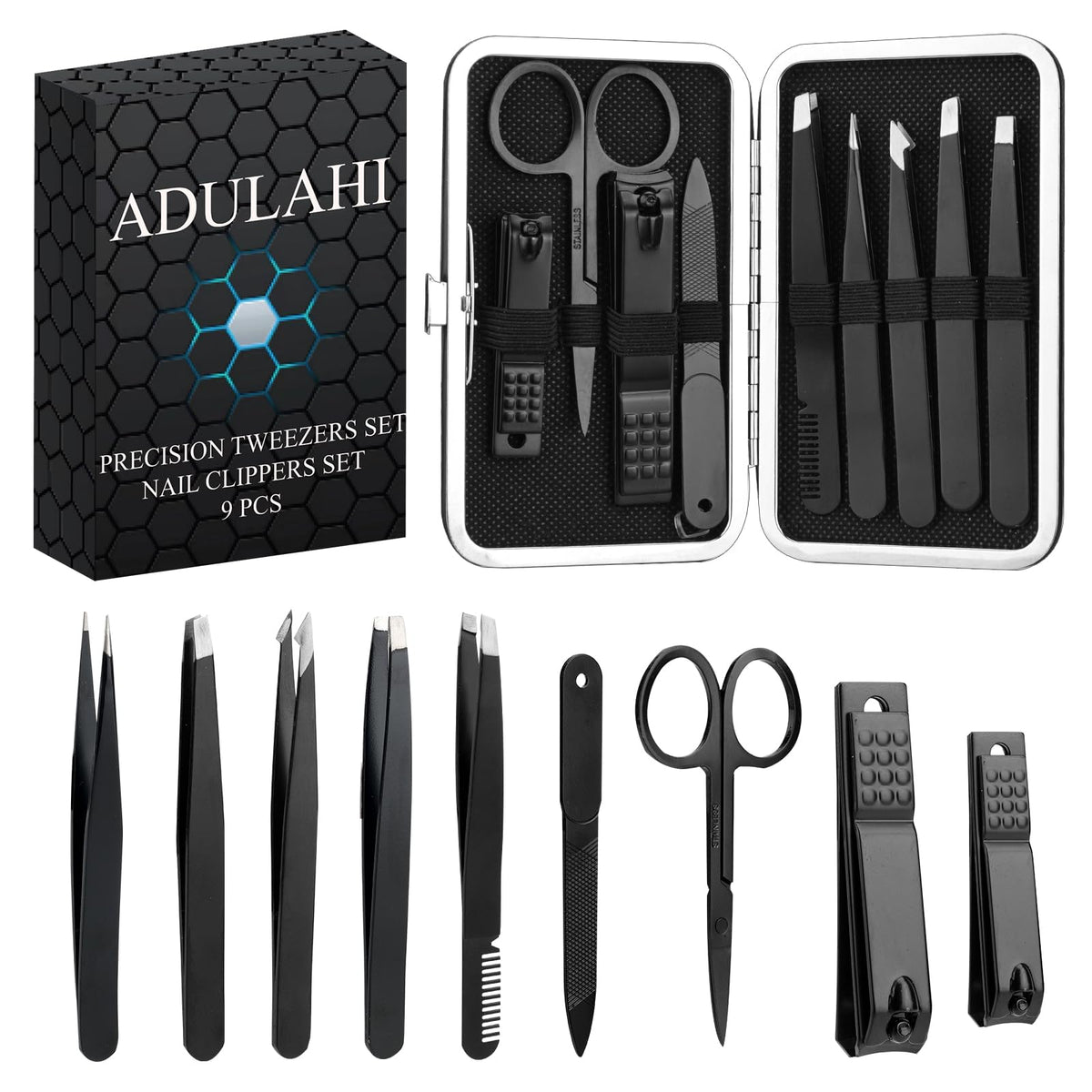 Adulahi 9PCS Stainless Steel Tweezers Set & Nail Clippers with Leather Case for Men & Women