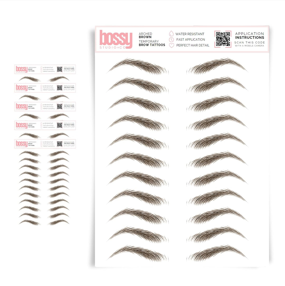 Brows By Bossy 5 Pack Waterproof Eyebrow Tattoos, Arched Brown Peel Off Stickers For Men & Women