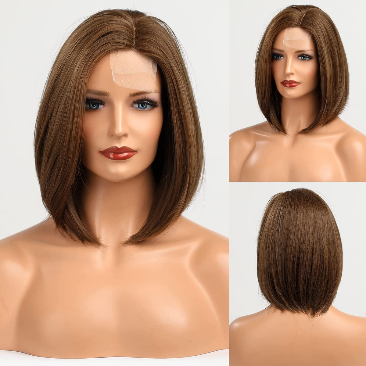 Haircube Honey Brown Short Bob Wig For Women, Side Part Synthetic Lace Hairline