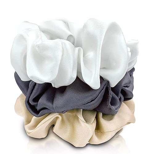 Celestial Silk Mulberry Silk Scrunchies - 3 Pack in Taupe, Charcoal, White for Hair Styling